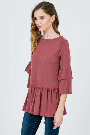 Layla Peplum Top with Ruffle Sleeves - Mauve