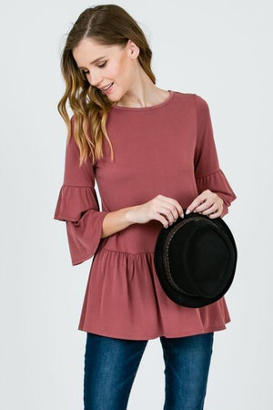 Layla Peplum Top with Ruffle Sleeves - Mauve