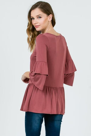 Layla Peplum Top with Ruffle Sleeves - Mauve